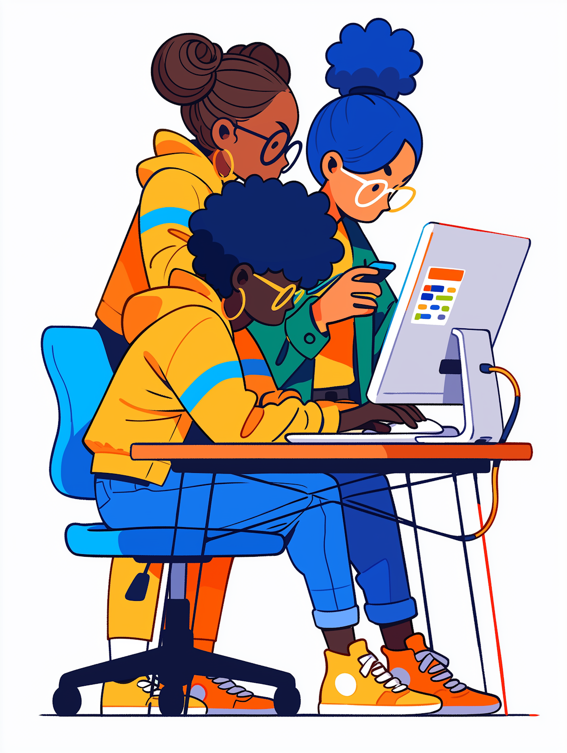 A diverse development team collaborating seamlessly with an AI assistant on complex coding tasks, reflecting future trends in AI integration.