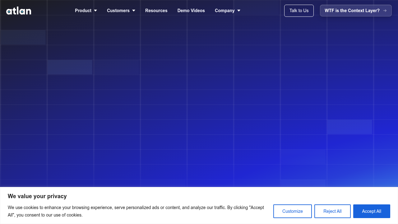 Screenshot of the Atlan homepage, a data catalog and governance platform that provides resources and explanations on concepts like Retrieval-Augmented Generation (RAG).