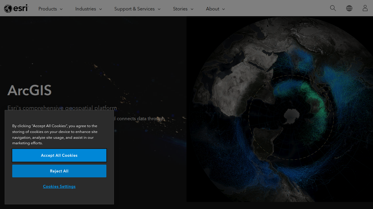 A screenshot of the Esri homepage, a leading provider of GIS software and cartographic design principles.