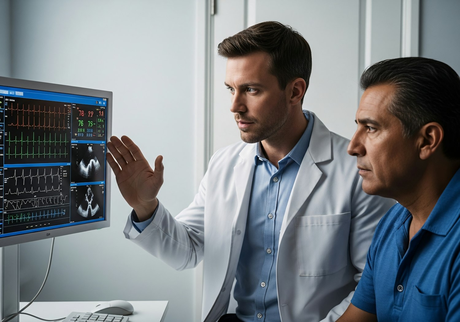 A healthcare professional using a tablet, looking at an interactive US map that overlays AI diagnostic error rates on county boundaries, specifically in a state like Virginia.
