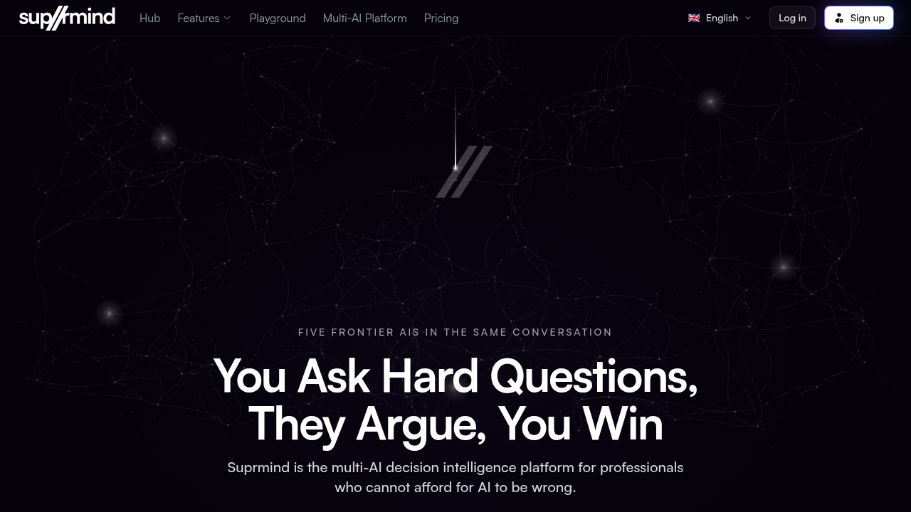 Screenshot of the Suprmind.ai homepage, a resource for AI research and insights, reflecting the source of critical AI hallucination statistics.