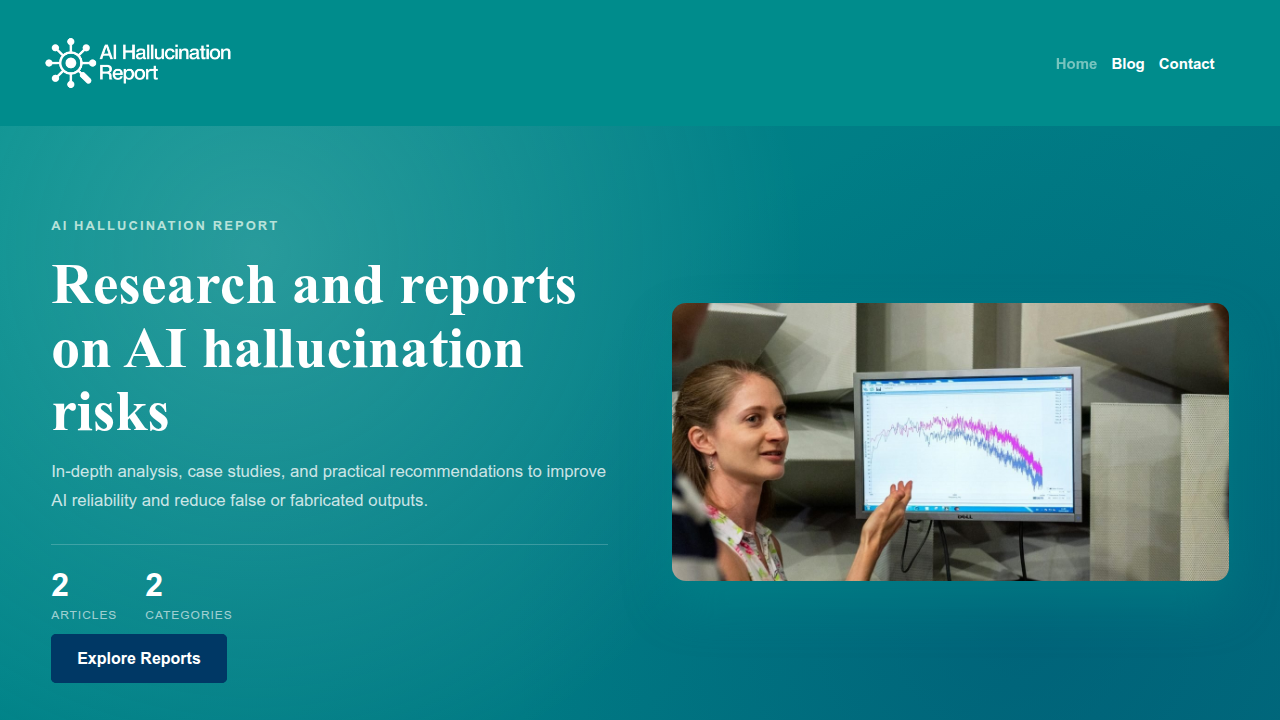 Screenshot of the AI Hallucination Report homepage, offering guides and insights into detecting and fixing AI-related issues.