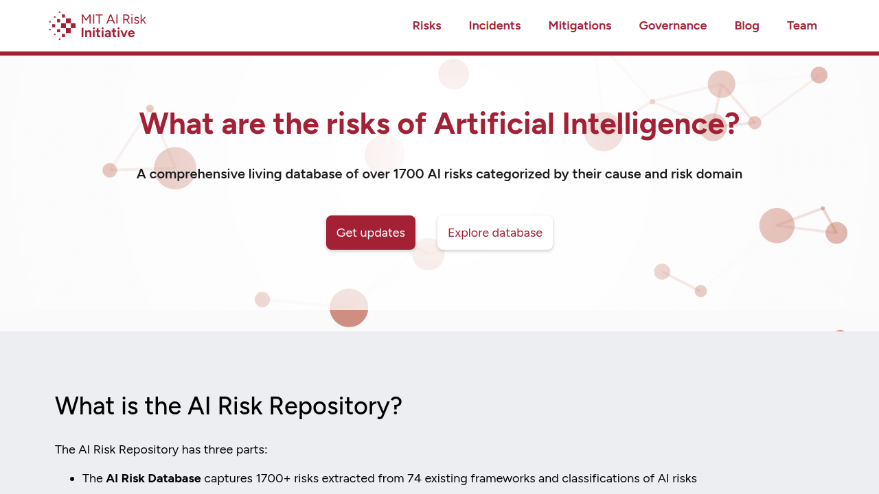 Screenshot of the MIT AI Governance Map homepage, showcasing efforts in responsible AI deployment and risk classification.