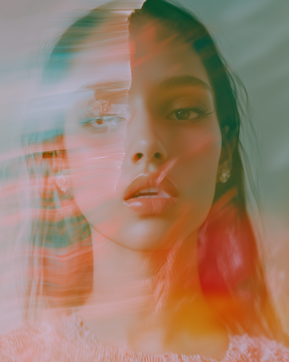A portrait showing subtle AI hallucinations, like an extra eye or distorted facial features, symbolizing errors in image generation.