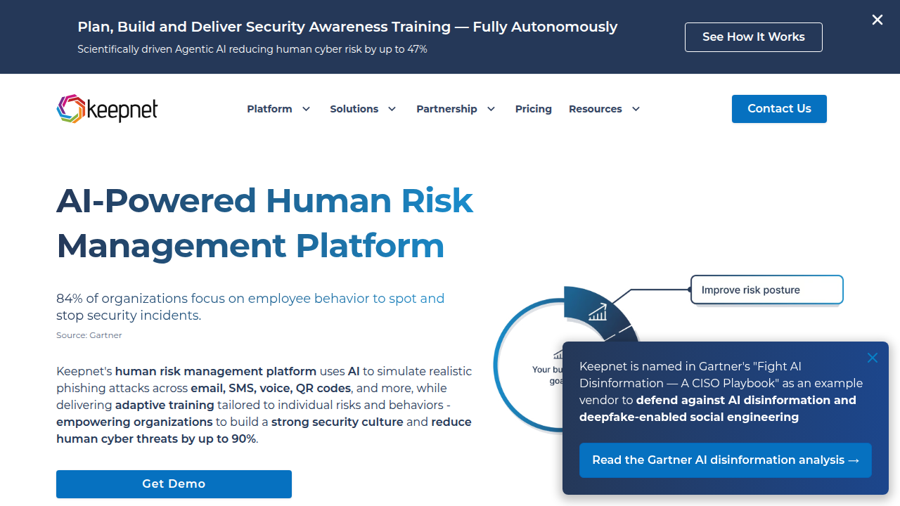 Screenshot of the Keepnet website, focusing on cybersecurity solutions and deepfake statistics.