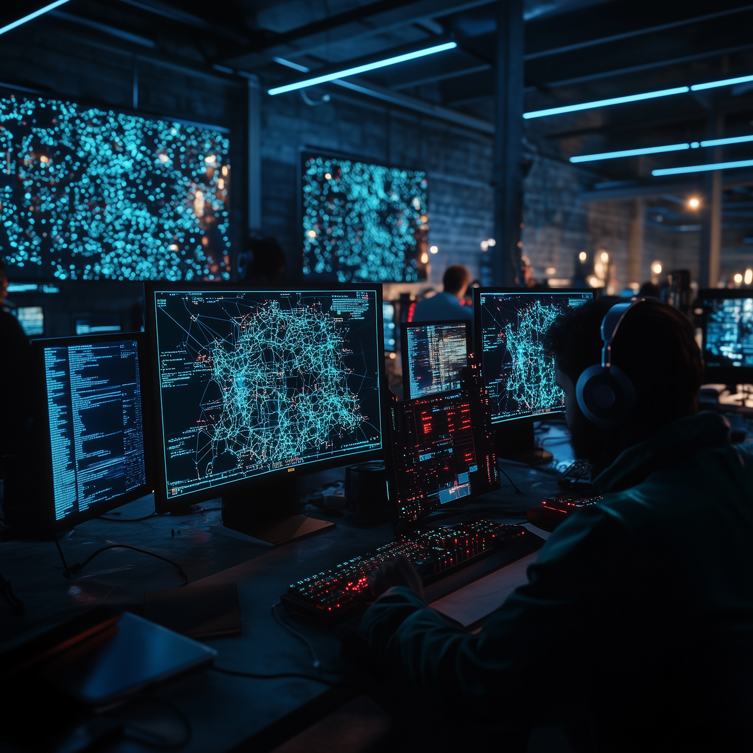 An AI engineer looking intently at complex data on multiple screens, highlighting the challenge of spotting AI errors.