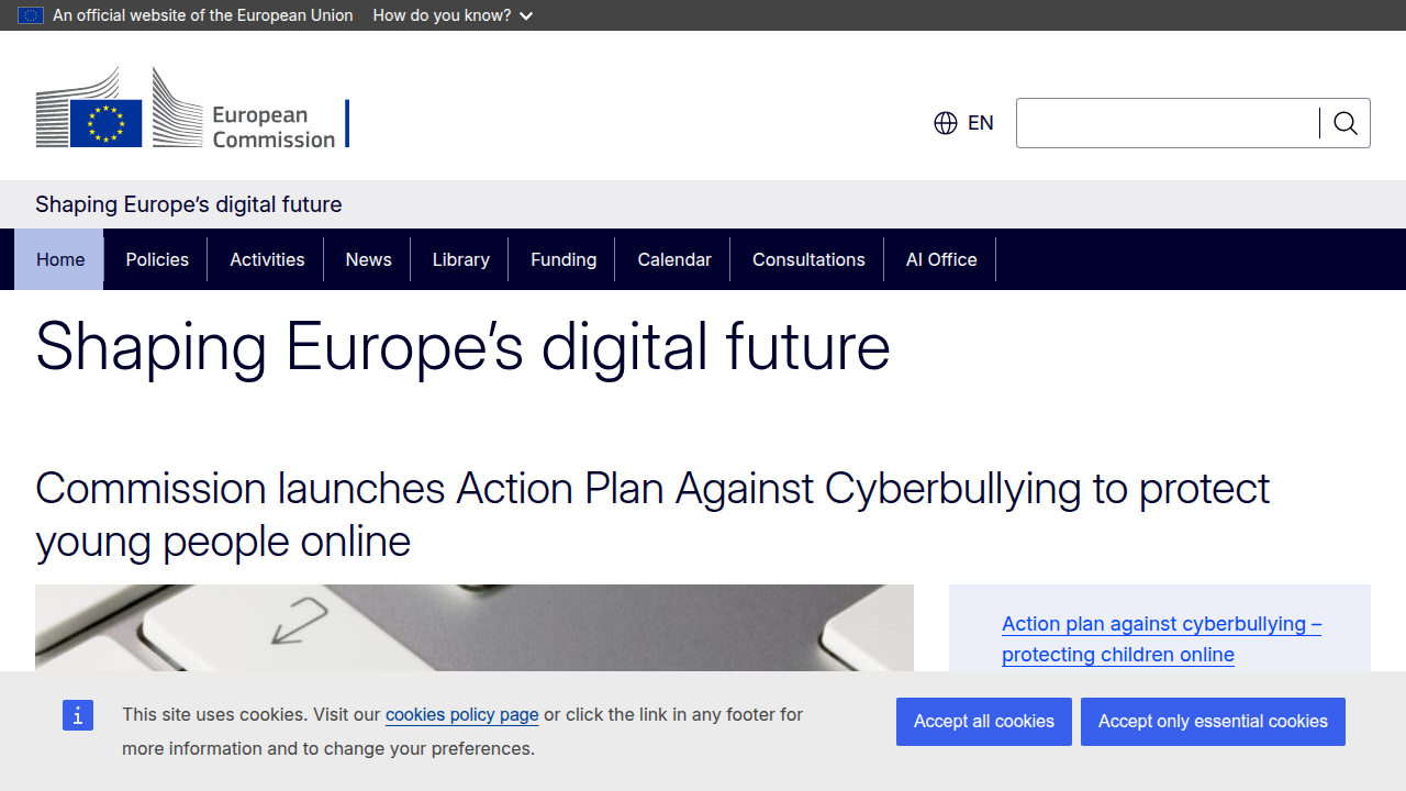 A screenshot of the European Commission's Digital Strategy website, focusing on regulatory frameworks like the AI Act.