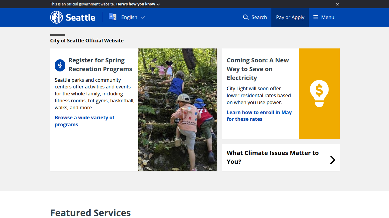 A screenshot of the official Seattle.gov website, representing city-level initiatives to address AI risks in urban planning.