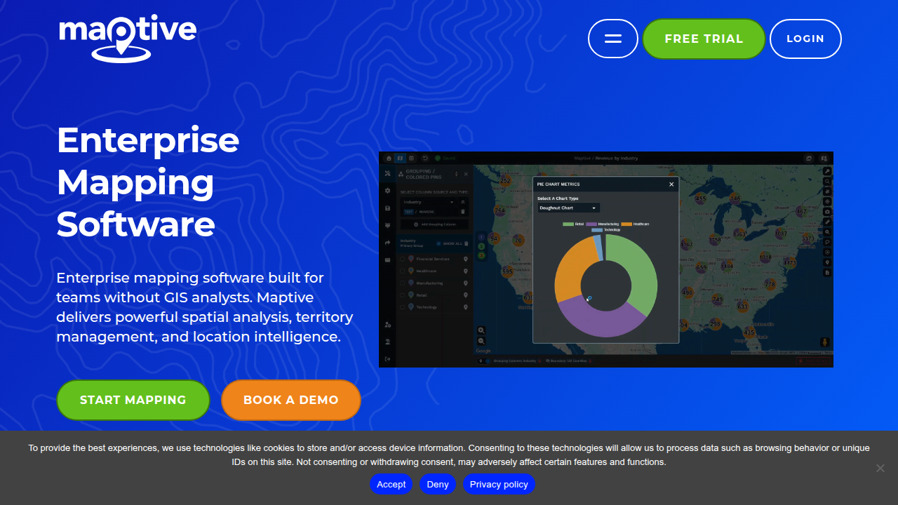 The homepage of Maptive, a location intelligence platform, demonstrating tools and capabilities relevant to AI-driven mapping.