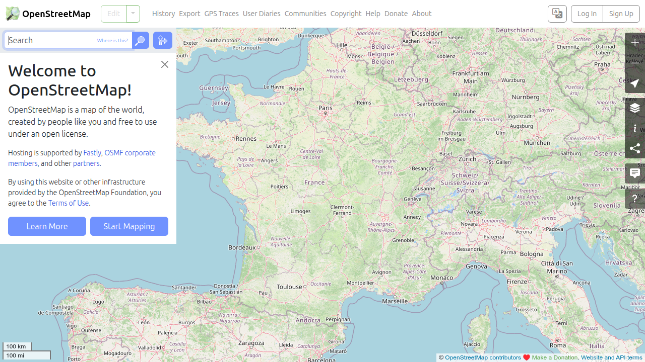 The homepage of OpenStreetMap, a collaborative project to create a free editable map of the world, serving as a crucial ground truth data source for validating AI-generated maps.