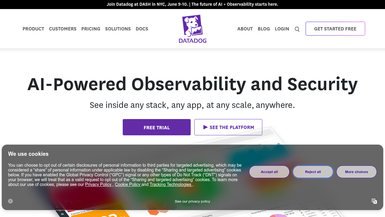 Explore monitoring and analytics solutions for applications and infrastructure on the Datadog website.