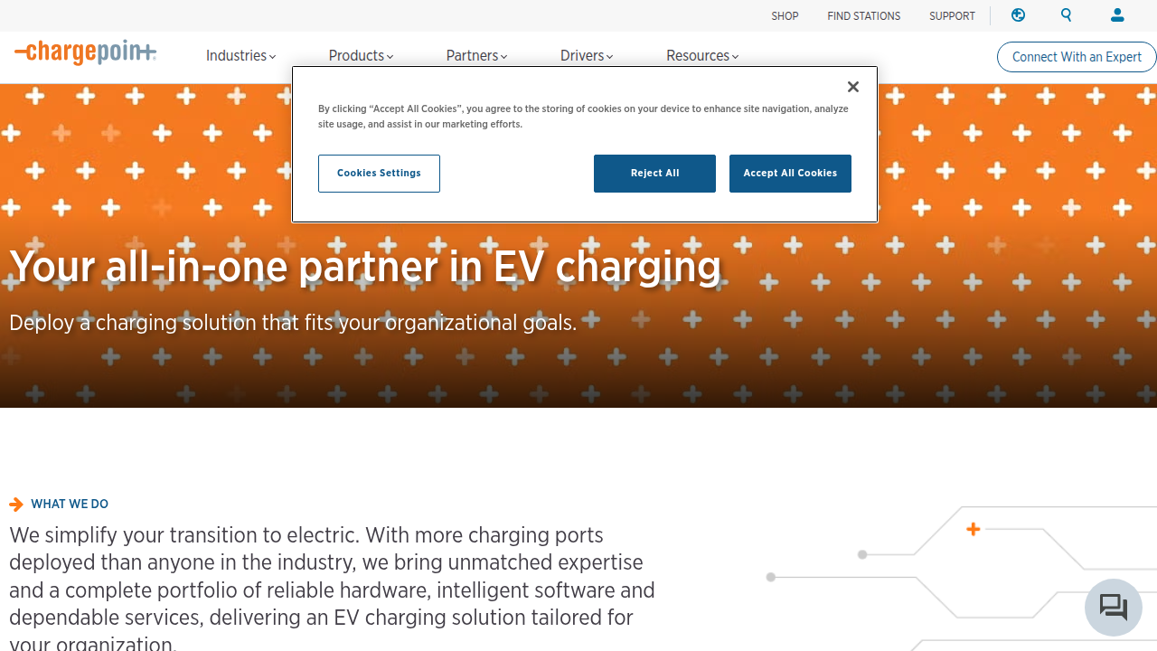 Screenshot of the ChargePoint website, a competitor in the EV charging network space, illustrating their approach to infrastructure.