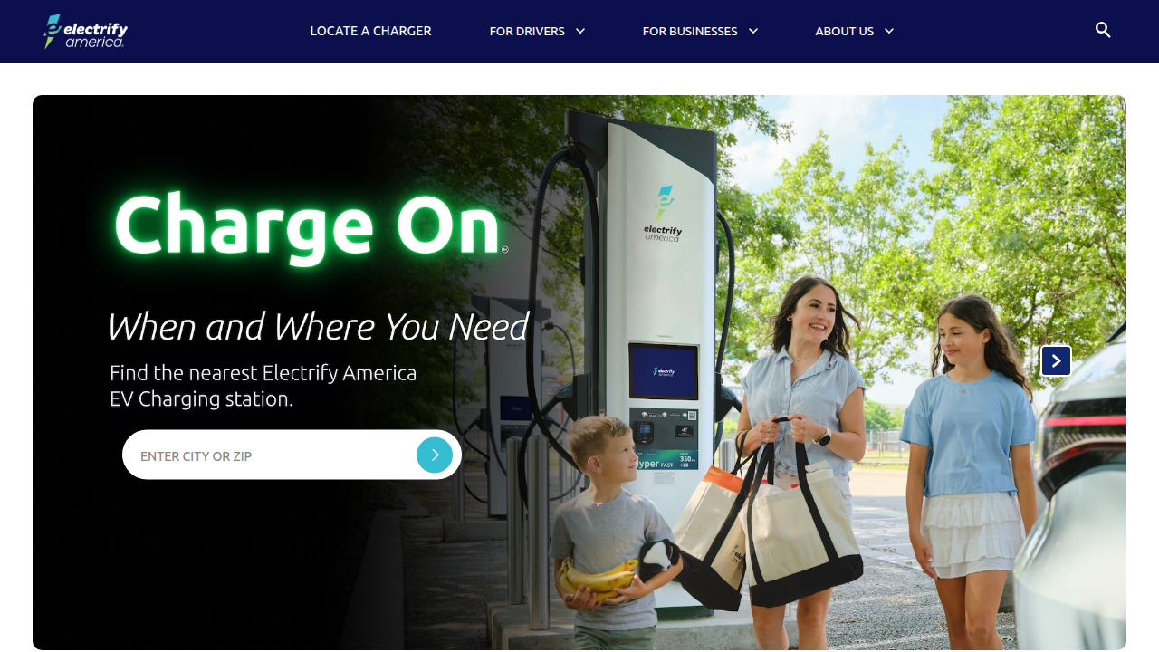 Screenshot of the Electrify America website, showcasing another major player's offerings in the rapidly evolving EV charging market.