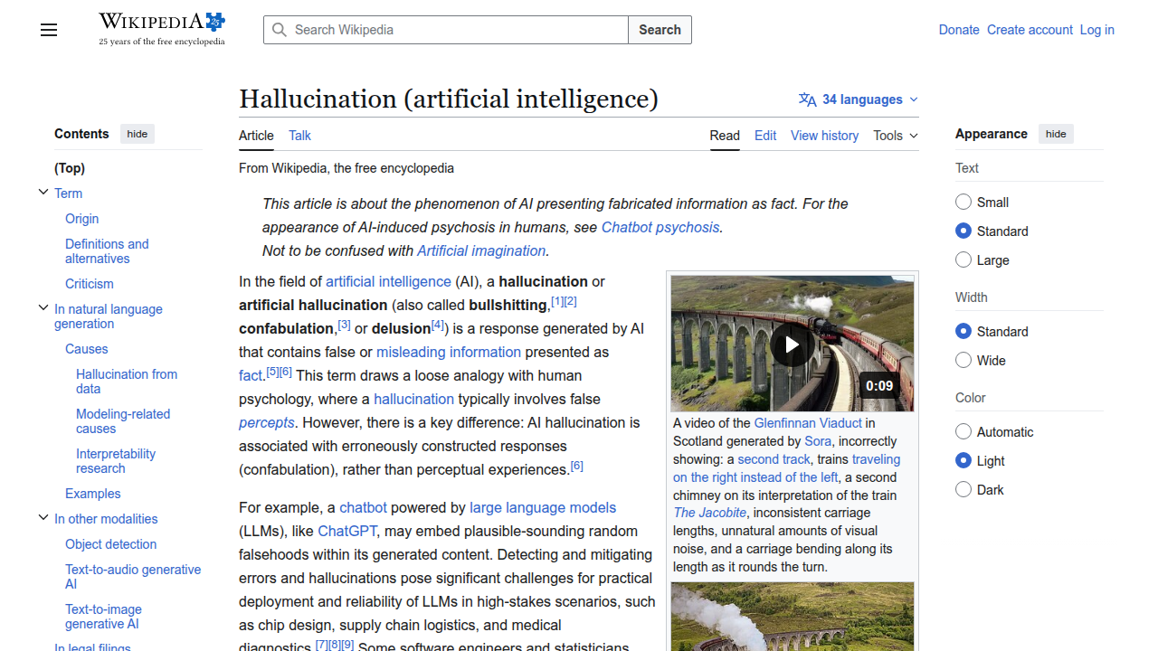 Wikipedia's page on AI hallucination, defining it as erroneously constructed responses rather than perceptual experiences.