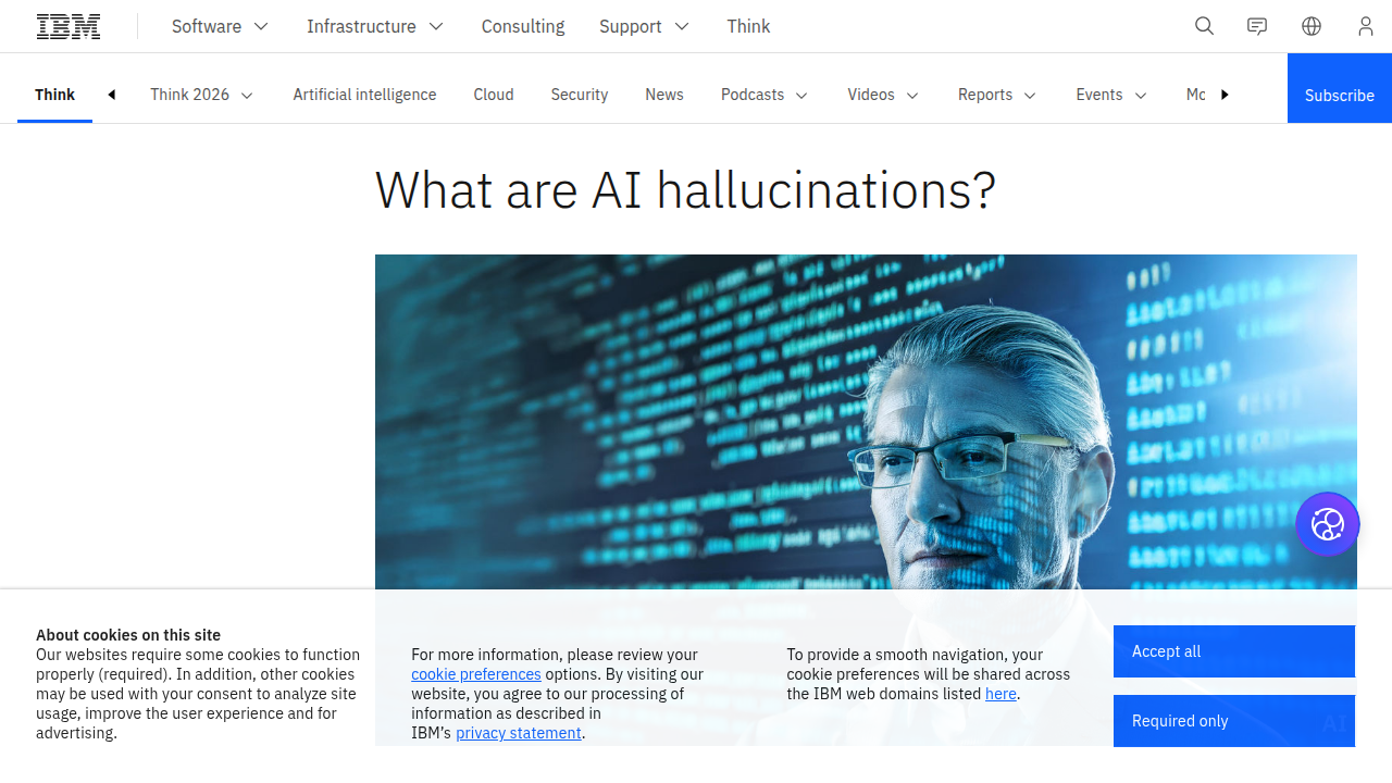 IBM's 'Think' blog discussing the causes of AI hallucinations, including overfitting and biased training data.