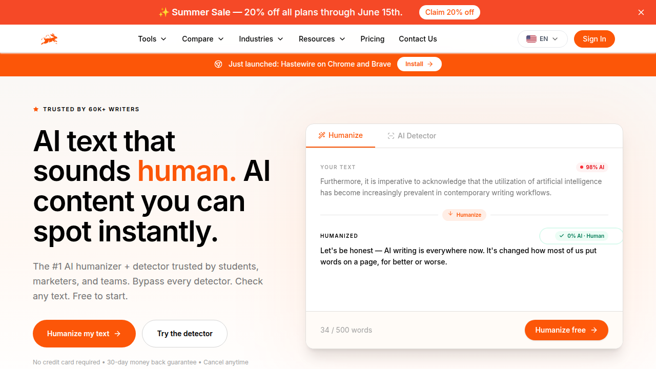 Screenshot of Hastewire's website, providing benchmarks and reports on AI text detection performance metrics.