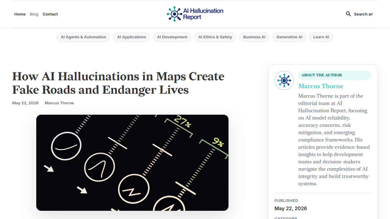 A webpage screenshot of a guide or resource focused on AI hallucinations in navigation systems and their real-world impact.