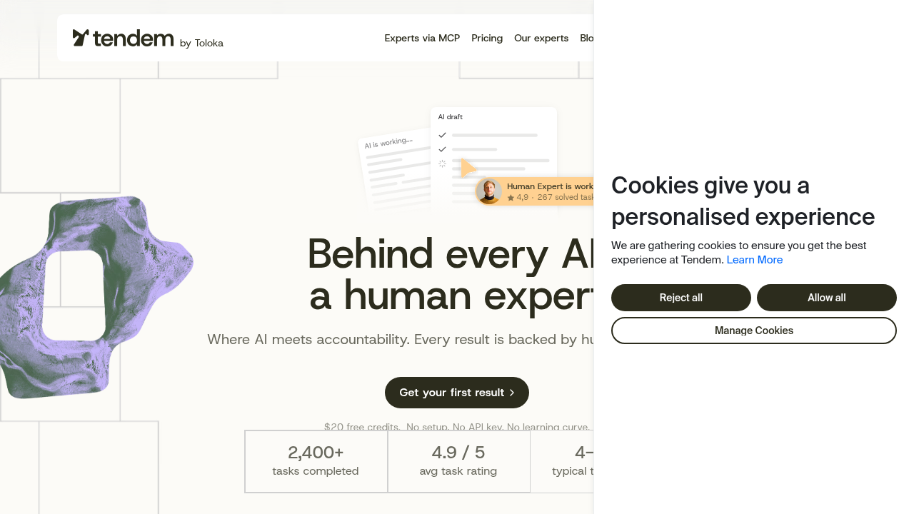 The homepage for Tendem AI, a company focused on understanding the true costs of AI hallucinations in business data.