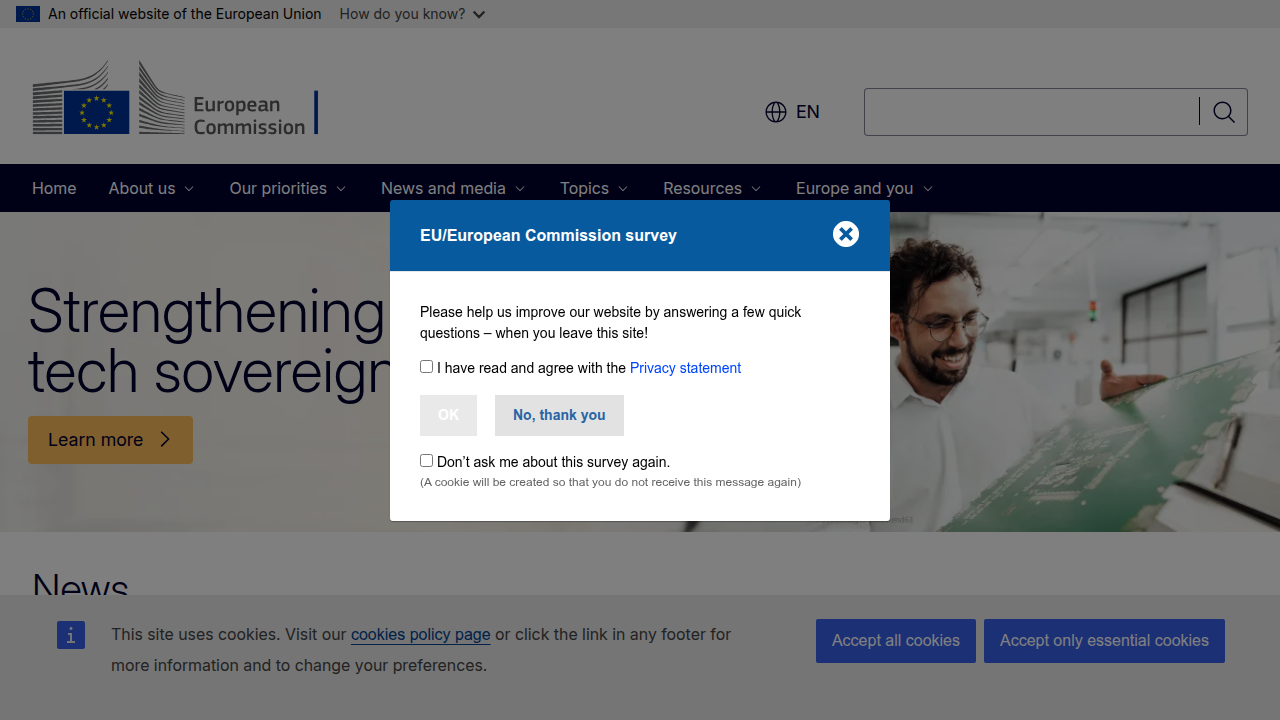 The homepage of the European Commission, representing the legislative body behind the EU AI Act and digital policy.