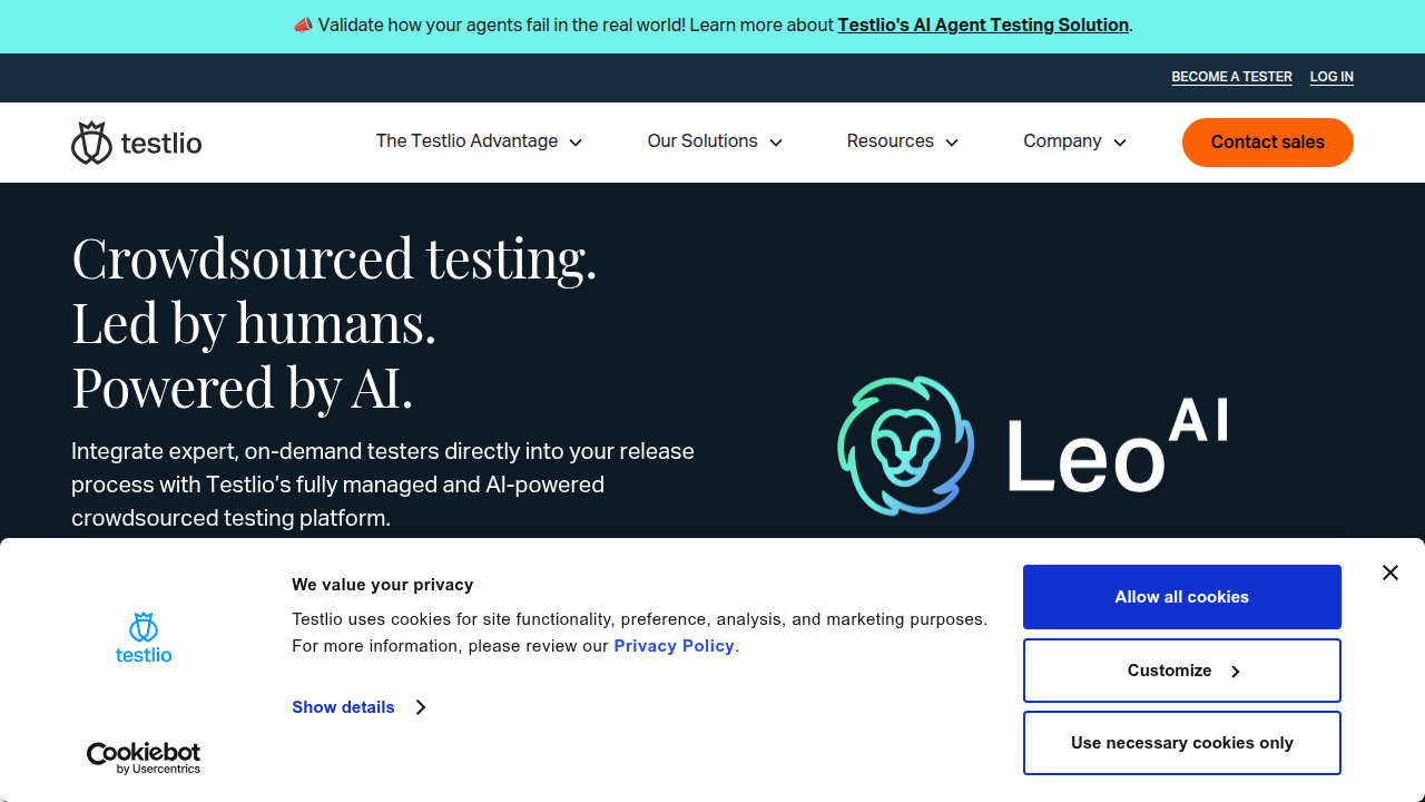 Testlio's homepage, a leading platform for quality assurance and human-in-the-loop testing, relevant for AI validation.