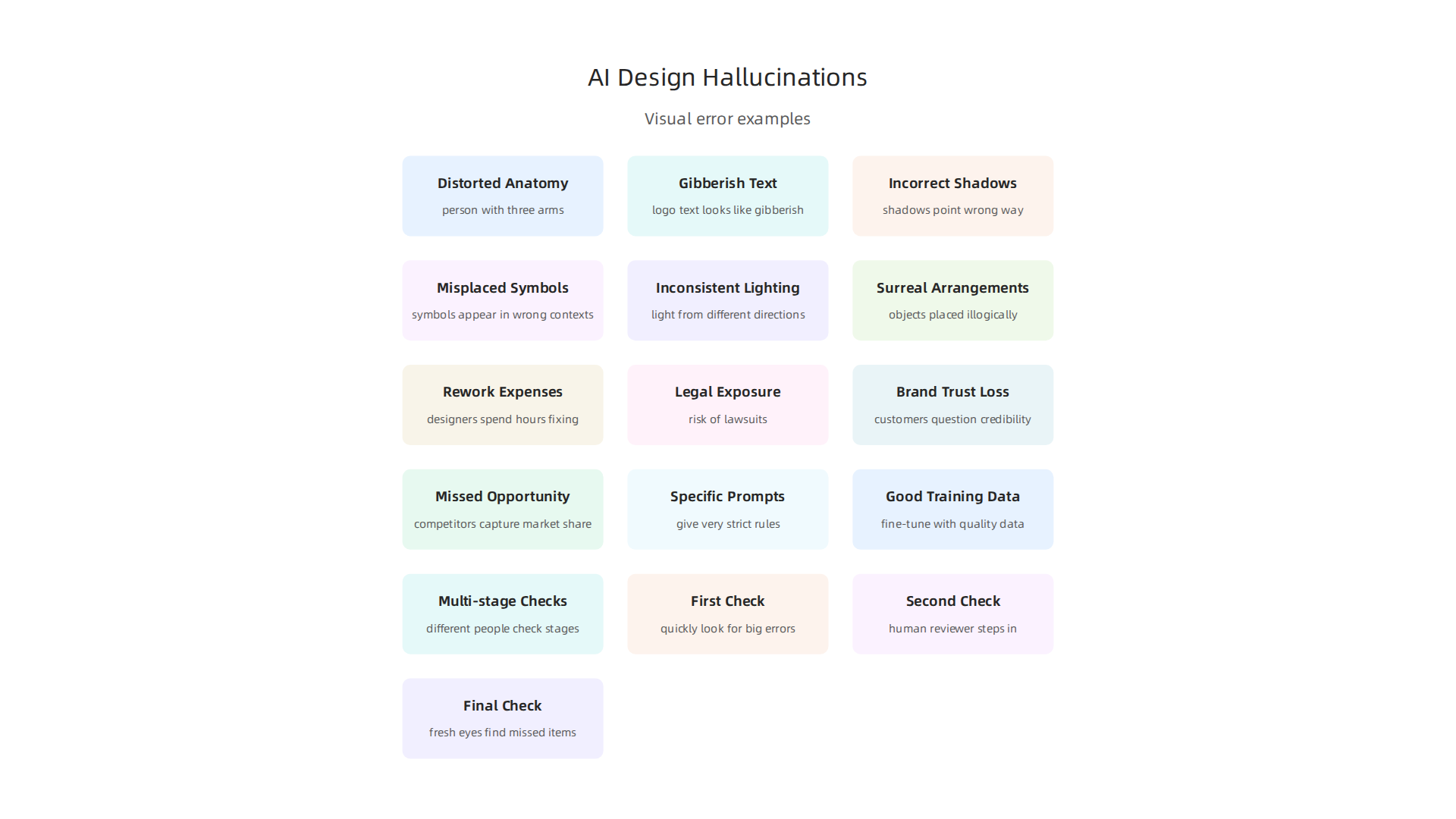 Visual examples of common errors found in AI-generated graphic designs, from anatomical anomalies to inappropriate cultural symbols.