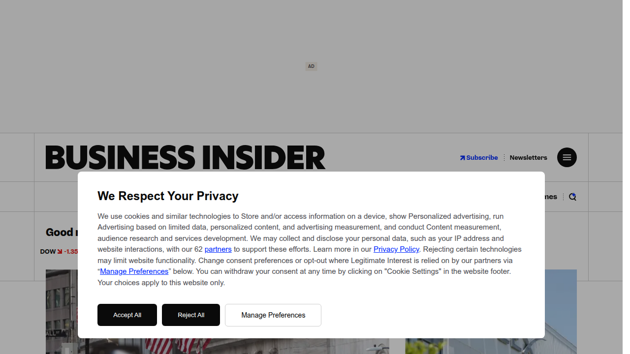 The homepage of Business Insider, a financial and business news website, covering technology and AI developments.