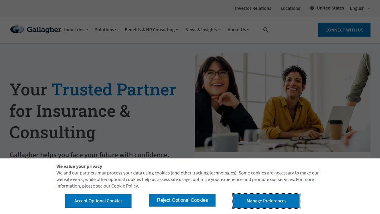 Homepage of Arthur J. Gallagher & Co., a global insurance brokerage and risk management firm.