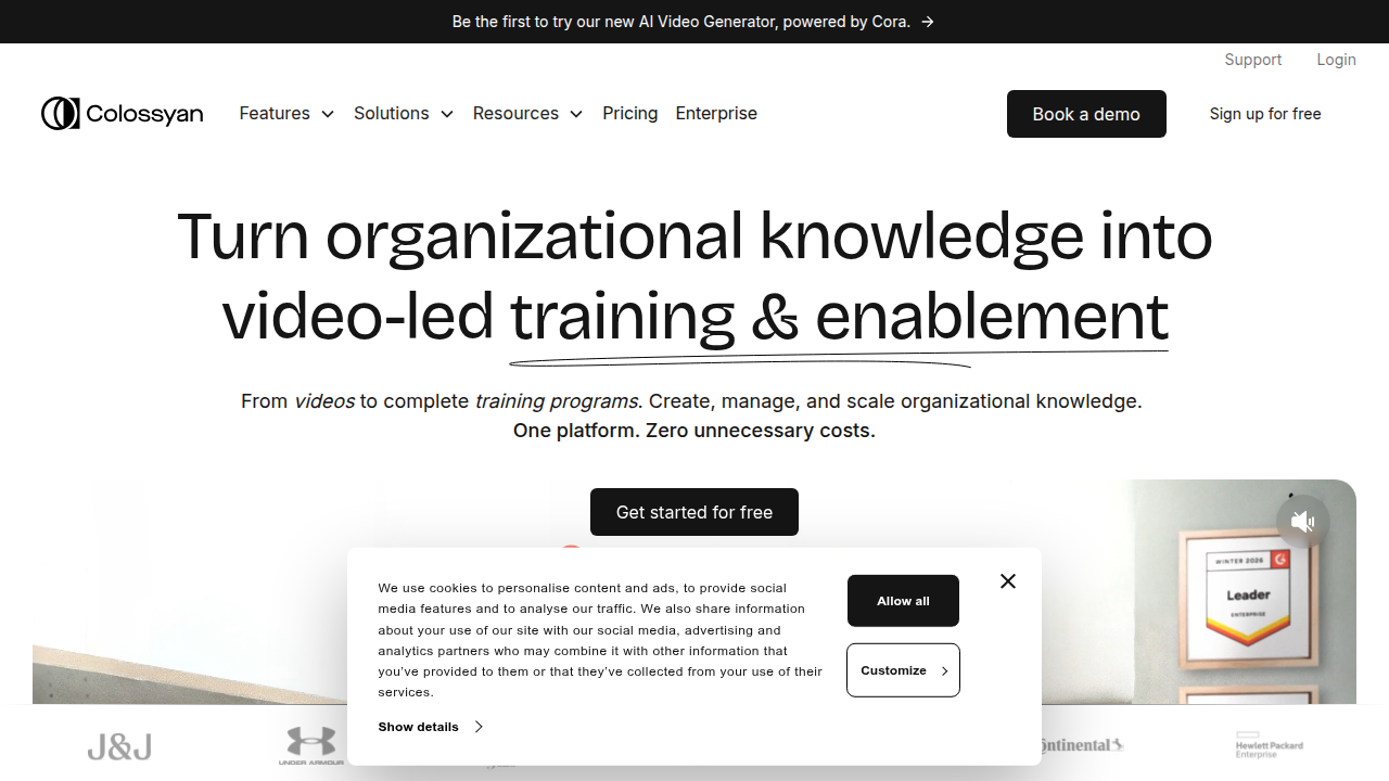 Homepage of Colossyan, a platform for AI video generation.