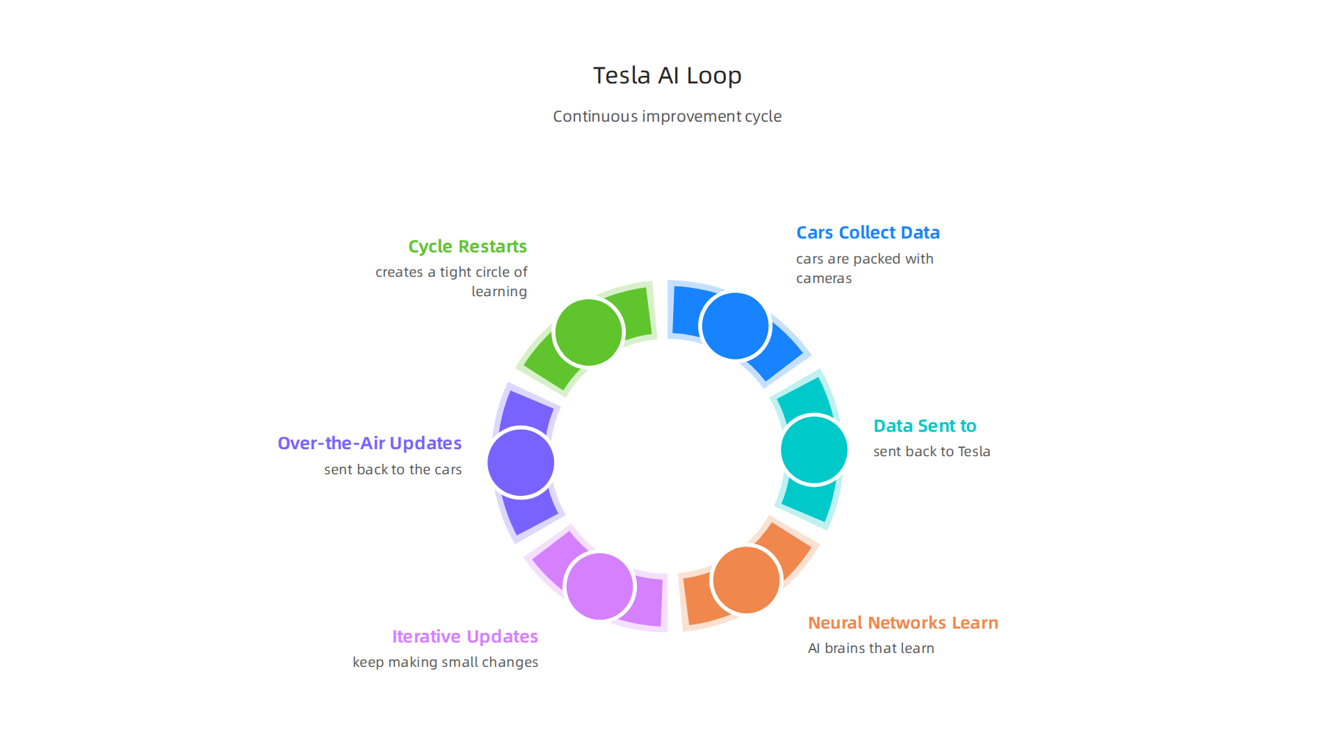 Visualizing Tesla's continuous AI improvement cycle, from fleet data collection to over-the-air updates.