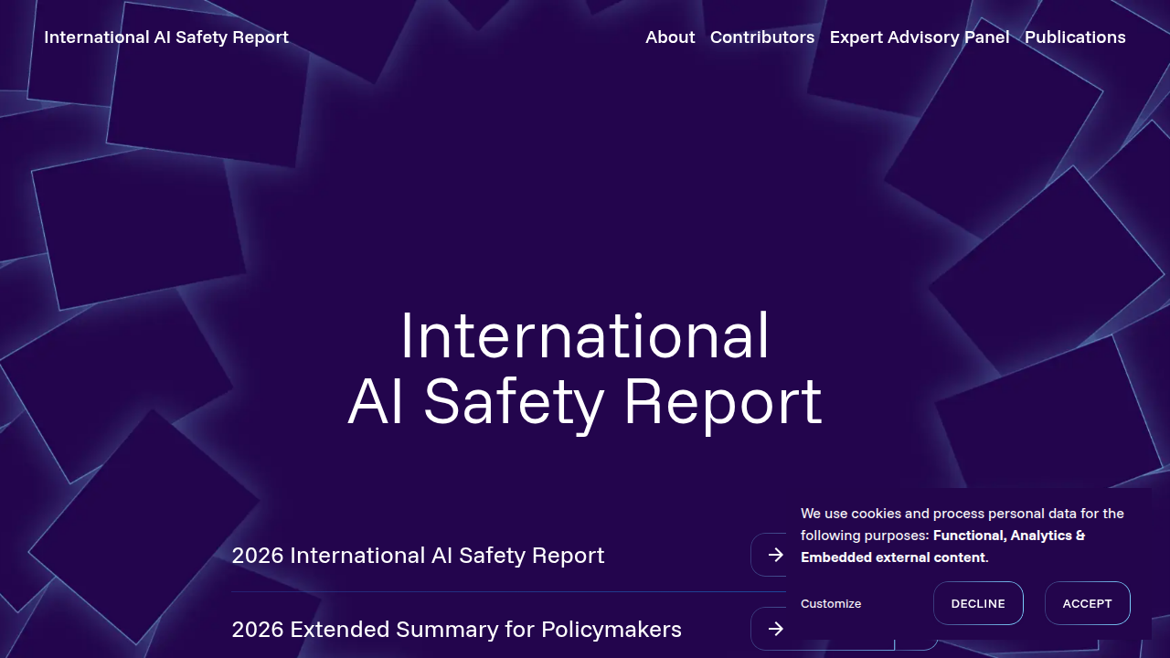 The homepage of the International AI Safety Report, highlighting global efforts to ensure AI reliability.