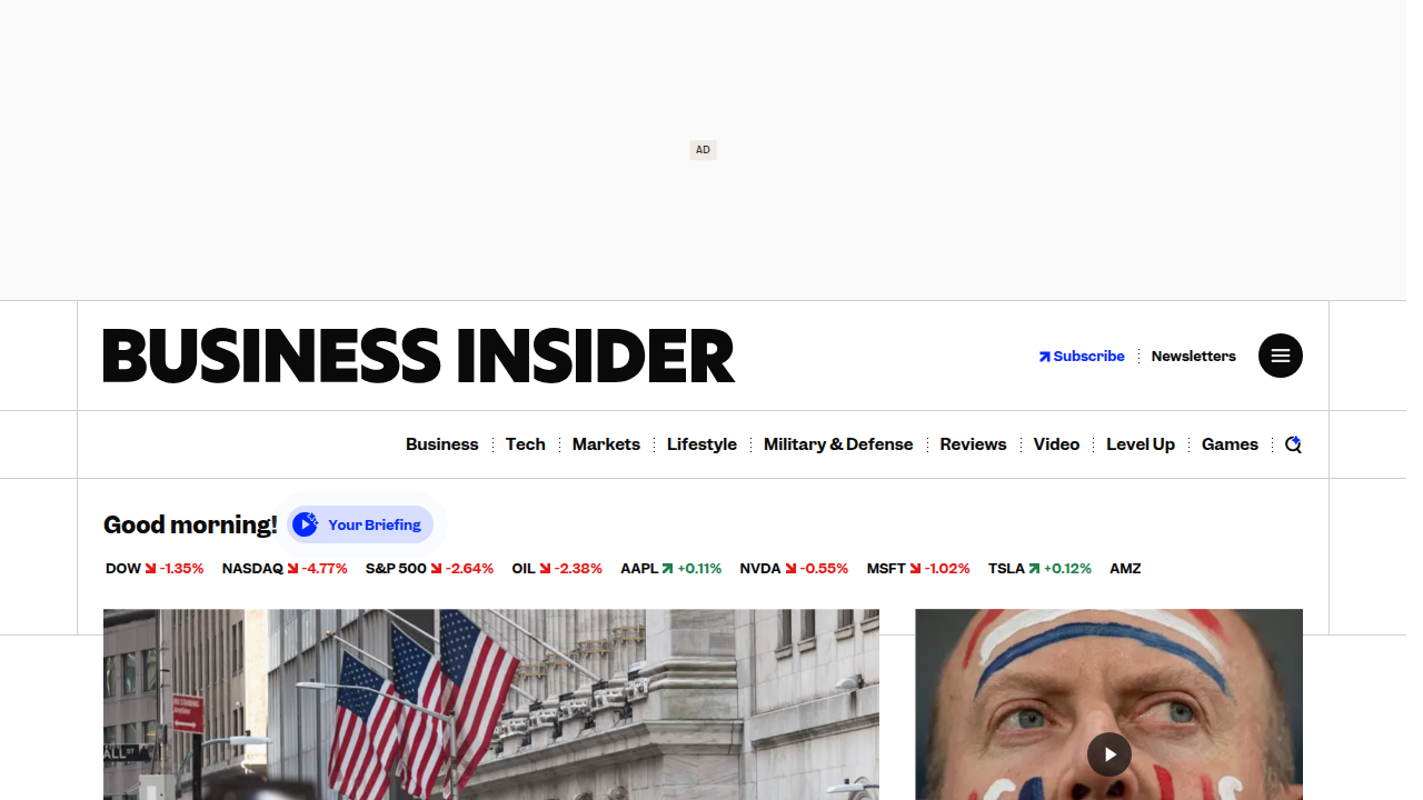 The homepage of Business Insider, a source for technology and business news, including AI developments.