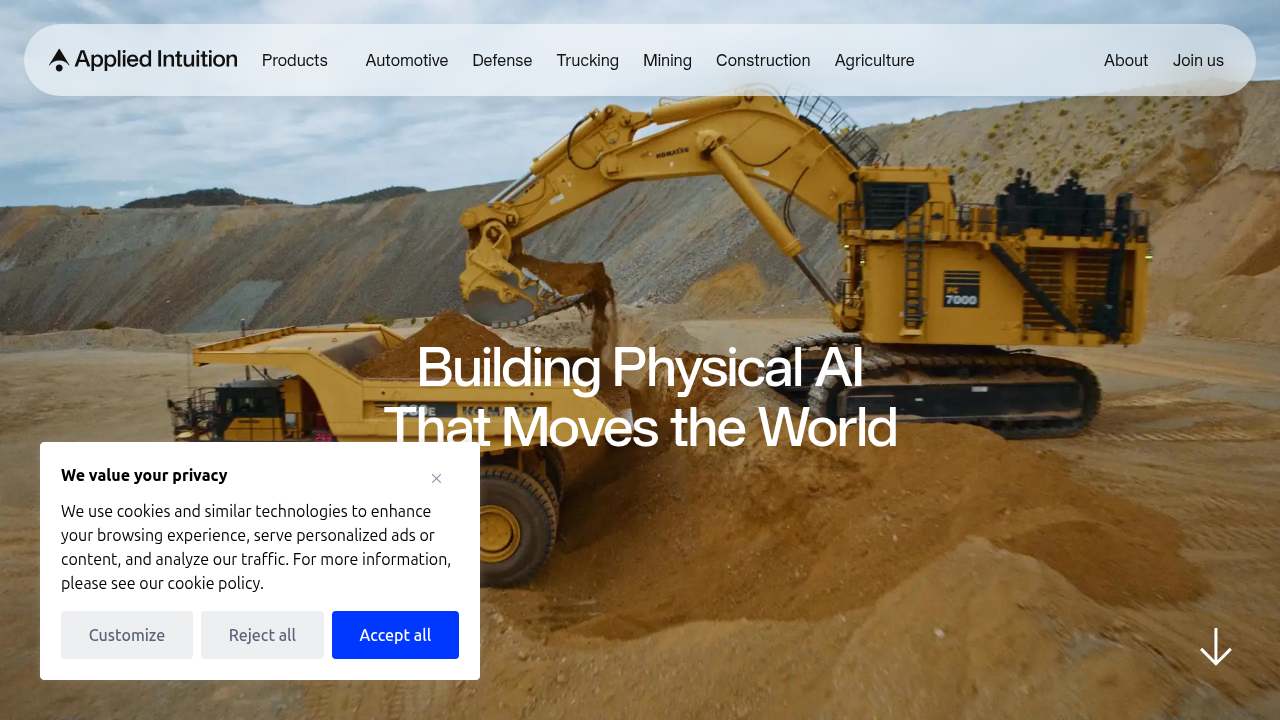 Screenshot of Applied Intuition's homepage, a leading platform for autonomous vehicle development and testing.