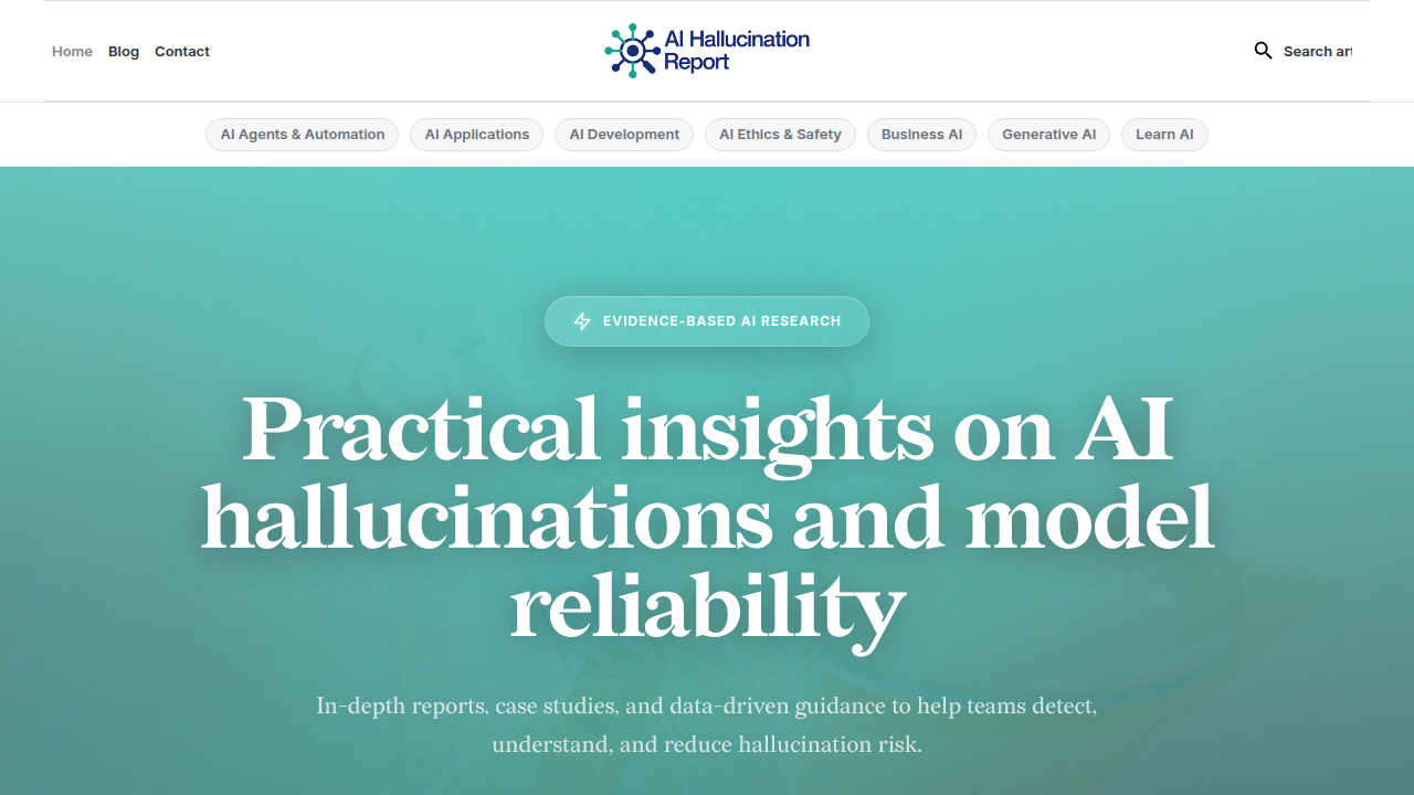 Screenshot of the AI Hallucination Report homepage, a resource for understanding and detecting AI hallucinations.