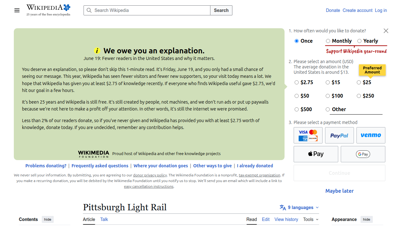 The official Wikipedia page for Pittsburgh Light Rail, detailing the system's actual routes and stations.
