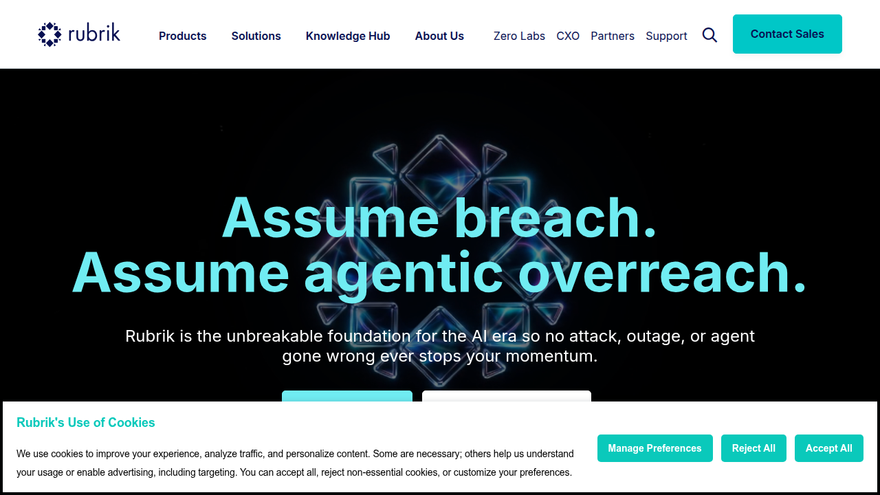 Screenshot of the Rubrik.com homepage, an enterprise data security company that offers guidance on AI hallucination detection strategies.