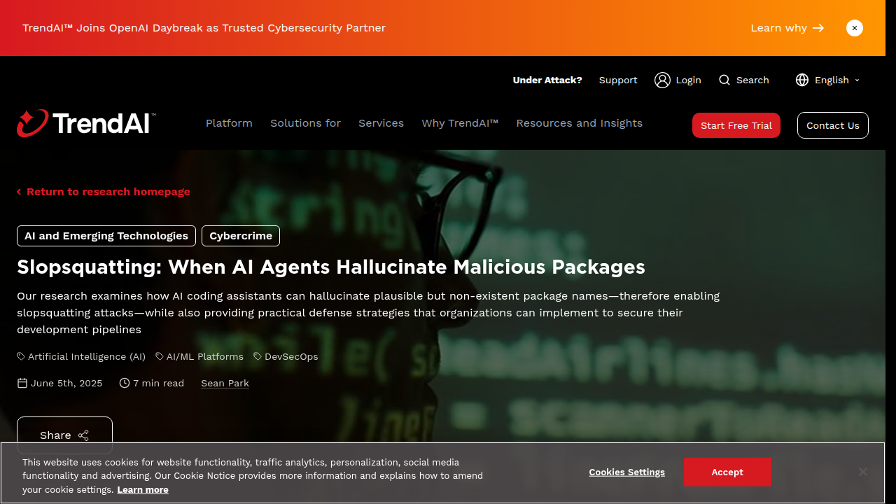 A screenshot of the Trendaisecurity research report on slopsquatting attacks.