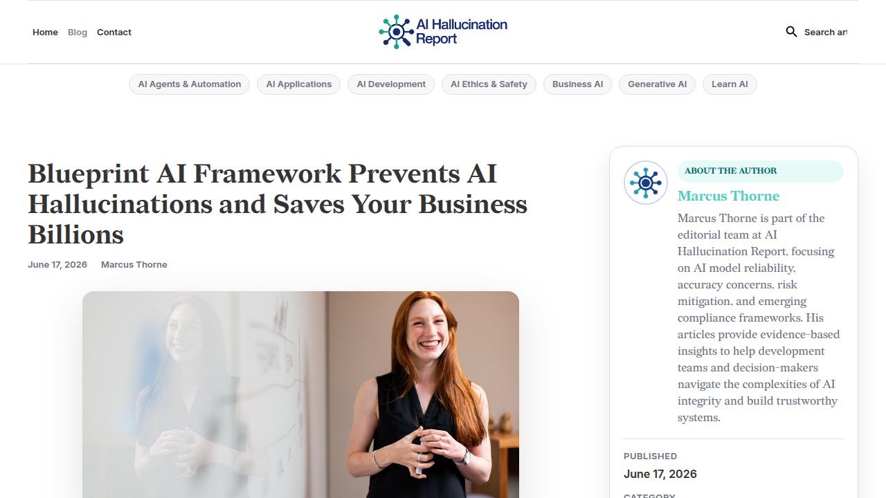 The Blueprint AI framework, as featured on AI Hallucination Report, offers a structured methodology for preventing hallucinations and building reliable AI workflows.