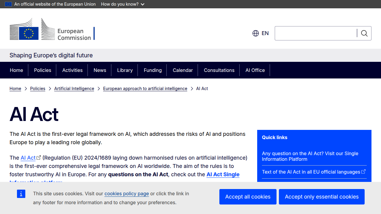 Screenshot of the European Commission's digital strategy page for the AI Act regulatory framework.