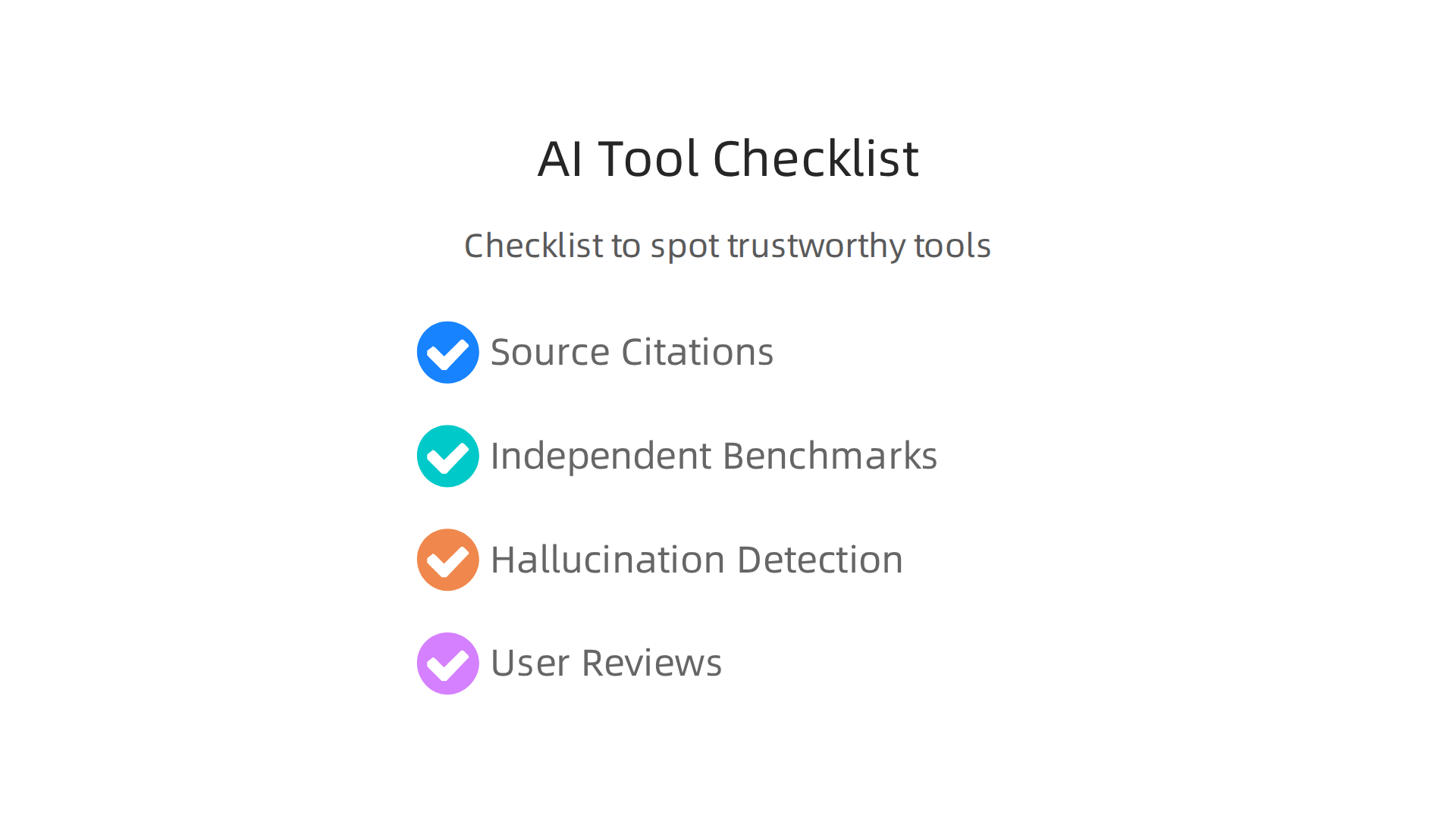 A simple checklist for evaluating the reliability and trustworthiness of AI-powered study tools.