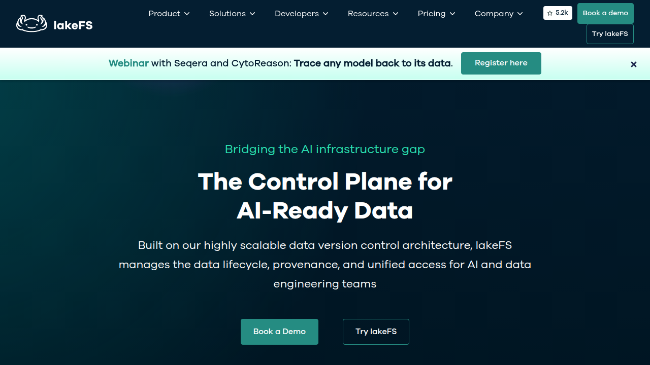 The LakeFS website, a resource for AI-ready data management solutions.