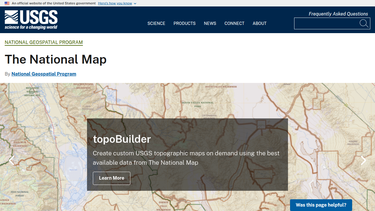 Screenshot of the U.S. Geological Survey's National Geospatial Program homepage, highlighting foundational base geospatial information.