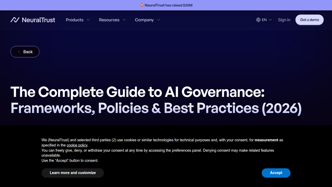 Screenshot of the 'Complete Guide to AI Governance' blog post, detailing frameworks for managing AI systems.