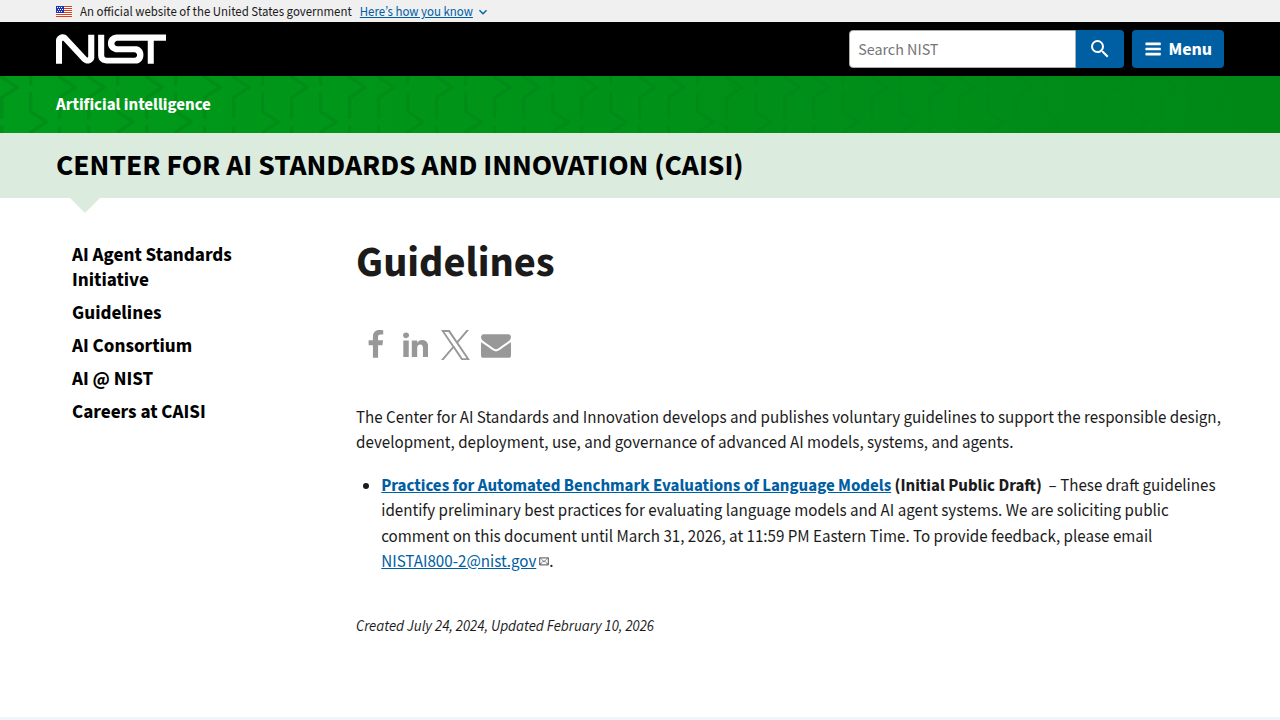 Screenshot of the National Institute of Standards and Technology (NIST) website, highlighting guidelines for AI system evaluation.