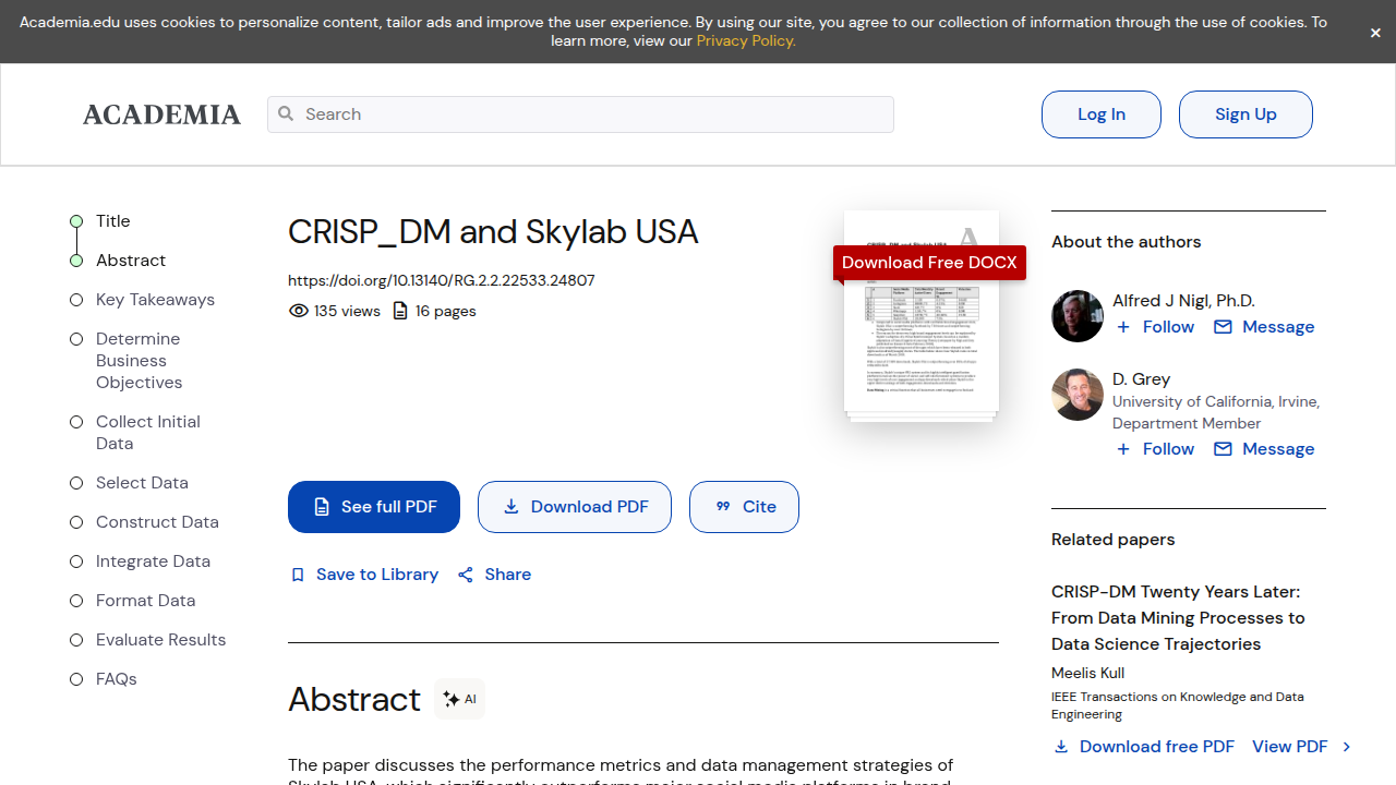 Academia.edu page featuring the white paper 'CRISP-DM and Skylab USA,' detailing data methodology and permission-based capture.